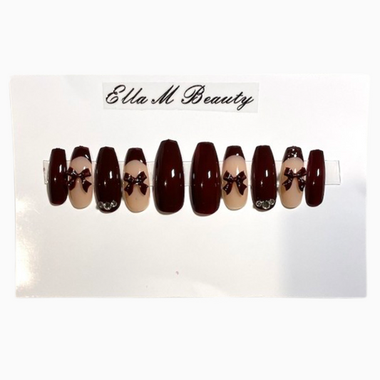 Dark Brown Ballerina Press On Nail Kit with Bows and Diamonds