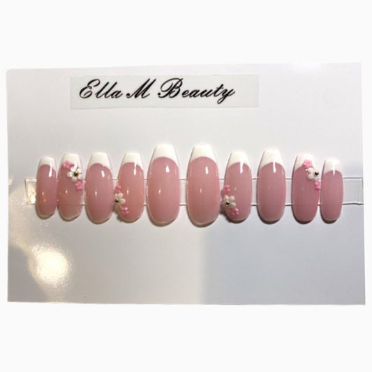 Pink-Nude Ballerina French Tip Press On Nail Kit With Flower Gems