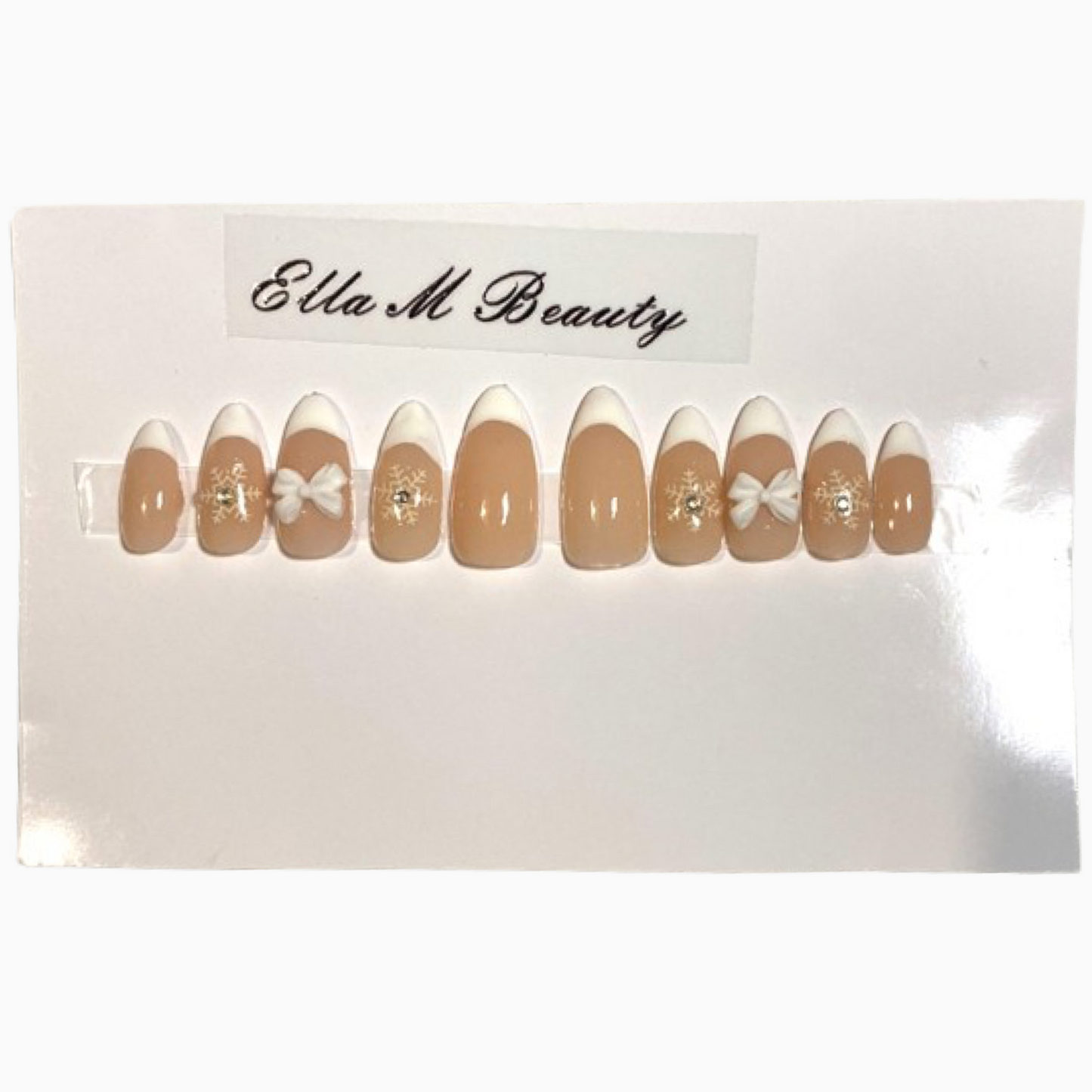 White French Tip Almond Press On Nail Kit With Snowflake & Bow Accents