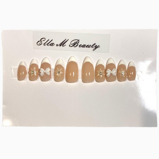 White French Tip Almond Press On Nail Kit With Snowflake & Bow Accents